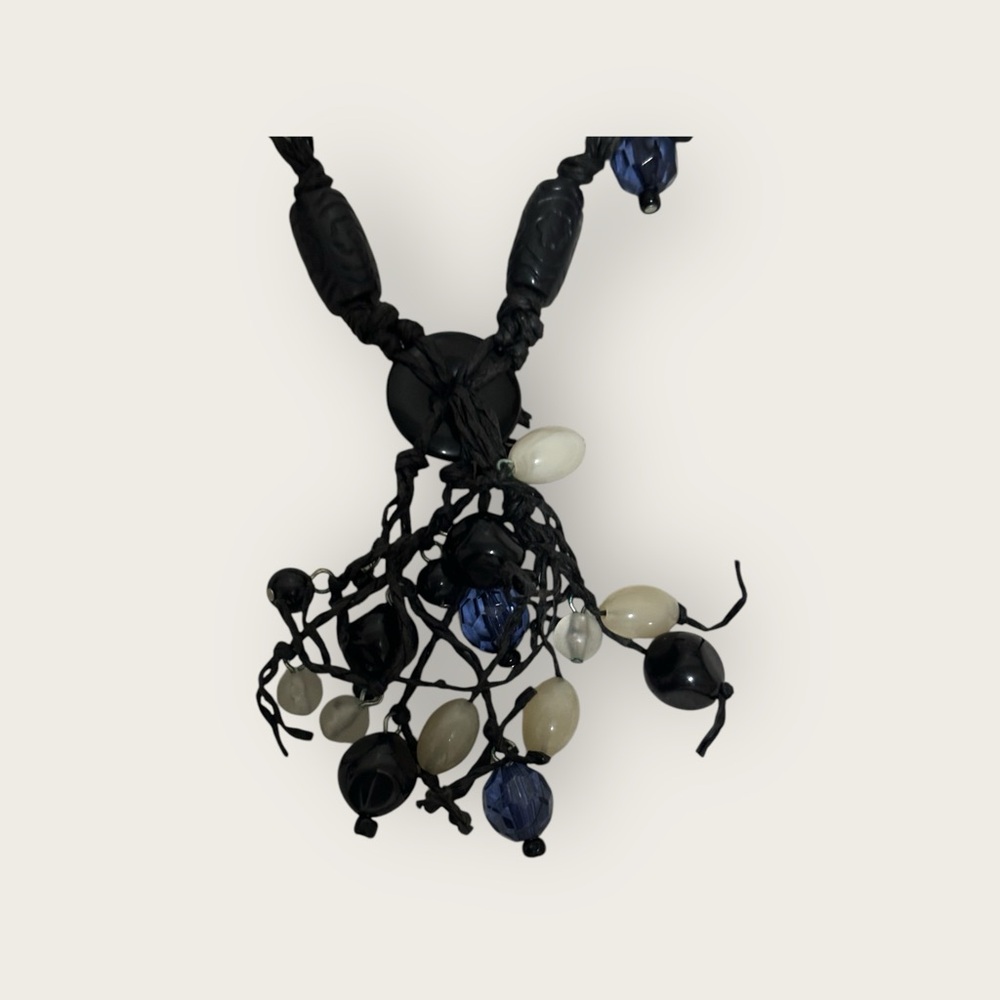 Button and Bead Necklace with Black Chord Black/White Women - Picture 6 of 8